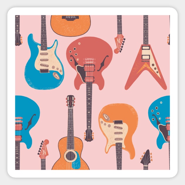 Guitar music pattern on pink Sticker by Papergrape